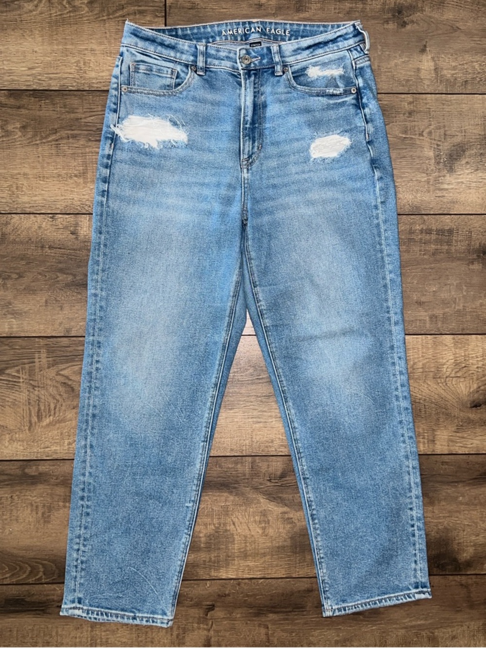 Light Blue Distressed Straight Leg Mom Jeans
